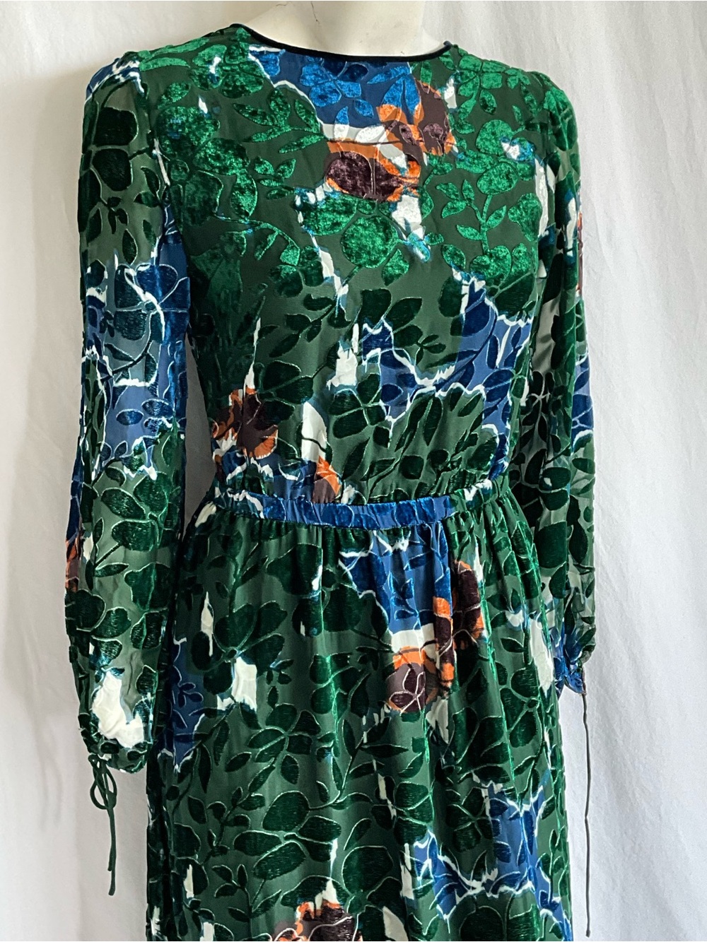 Massimo Dutti Silk Blend Floral Velvet Devoré Midi Dress Green 36 US